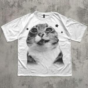 White And Black Cat Face Graphic Tee